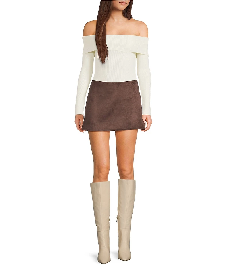 Double Zero Cropped Ribbed Knit Off-The-Shoulder Long Sleeve Top