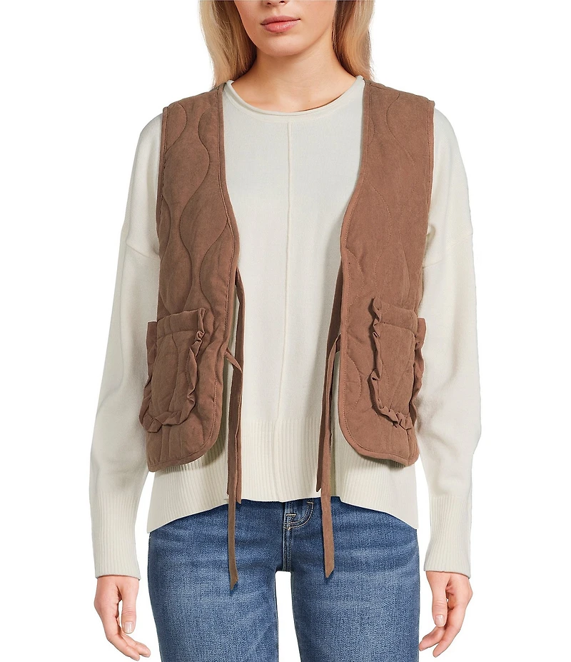 Double Zero Quilted Tie Front Patch Pocket Vest