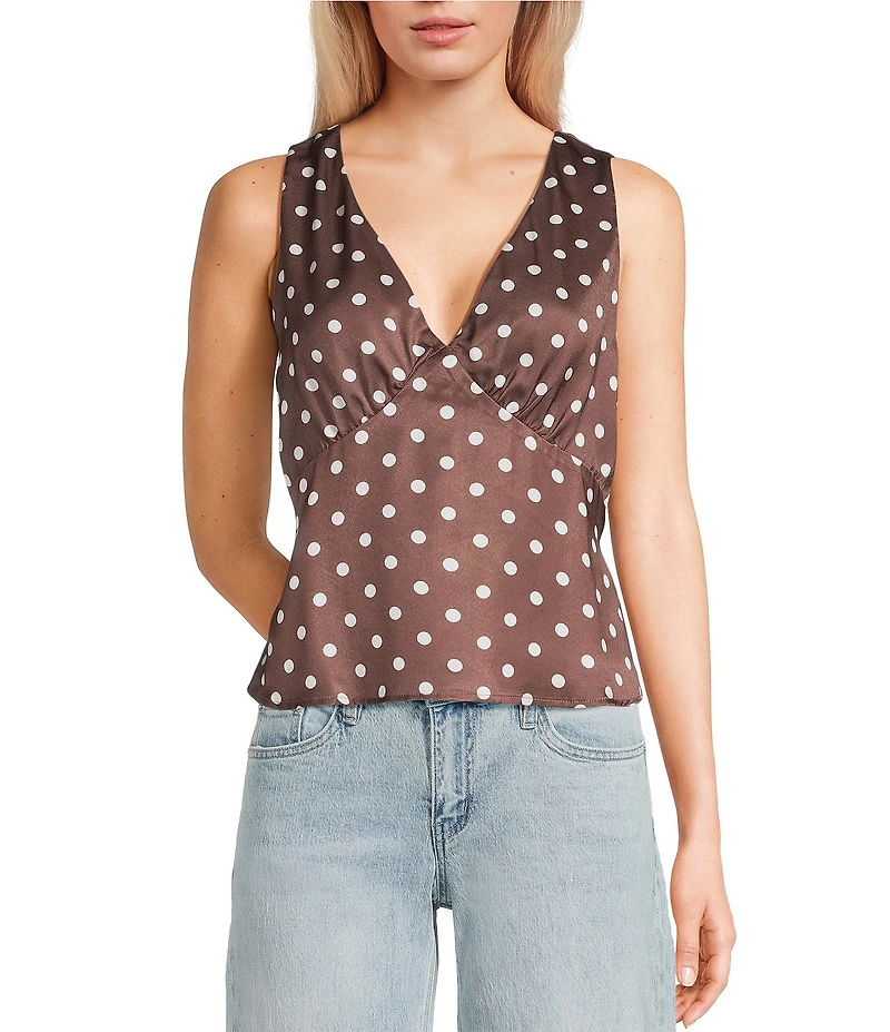 Double Zero Satin Polka Dot V-Neck Top