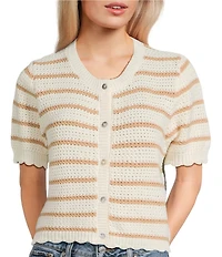 Double Zero Striped Short Sleeve Scalloped Button Front Sweater