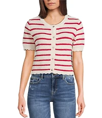 Double Zero Striped Short Sleeve Scalloped Button Front Sweater