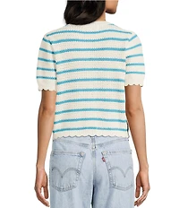 Double Zero Striped Short Sleeve Scalloped Button Front Sweater