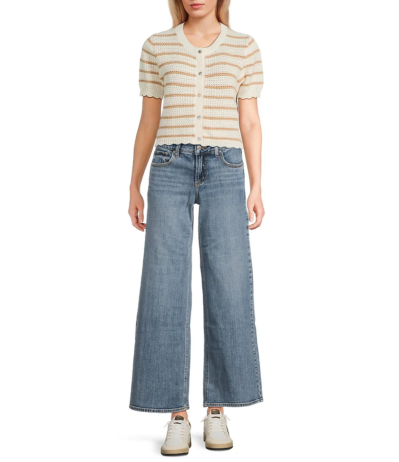 Double Zero Striped Short Sleeve Scalloped Button Front Cropped Sweater