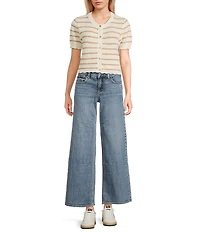 Double Zero Striped Short Sleeve Scalloped Button Front Cropped Sweater