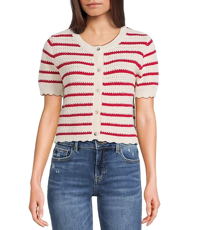 Double Zero Striped Short Sleeve Scalloped Button Front Cropped Sweater
