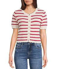 Double Zero Striped Short Sleeve Scalloped Button Front Cropped Sweater