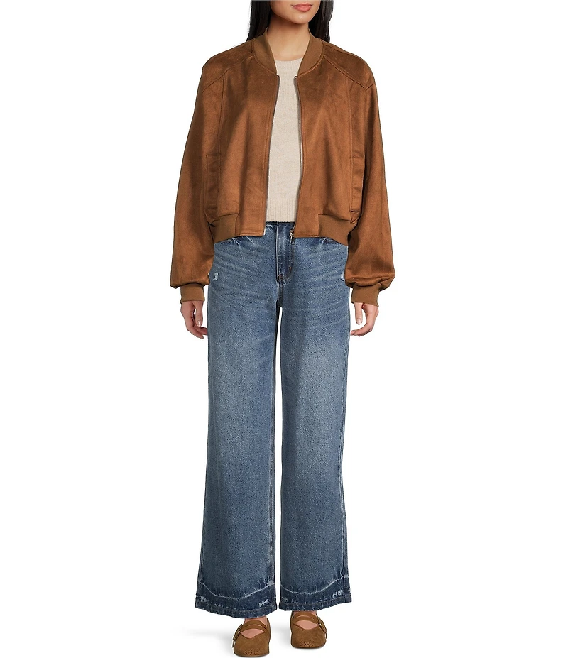 Double Zero Suede Collared Full Zip Bomber Jacket