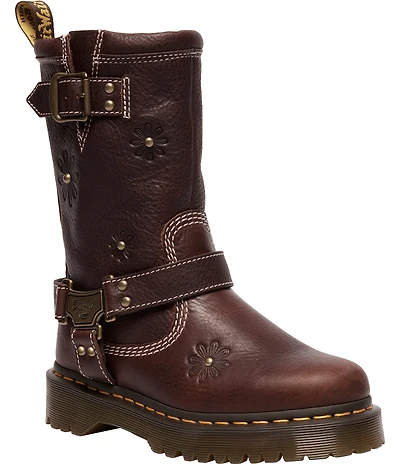 Dr. Martens Women's Anistone Hi Flower Biker Leather Mid Calf Boots
