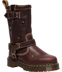Dr. Martens Women's Anistone Hi Flower Biker Leather Mid Calf Boots