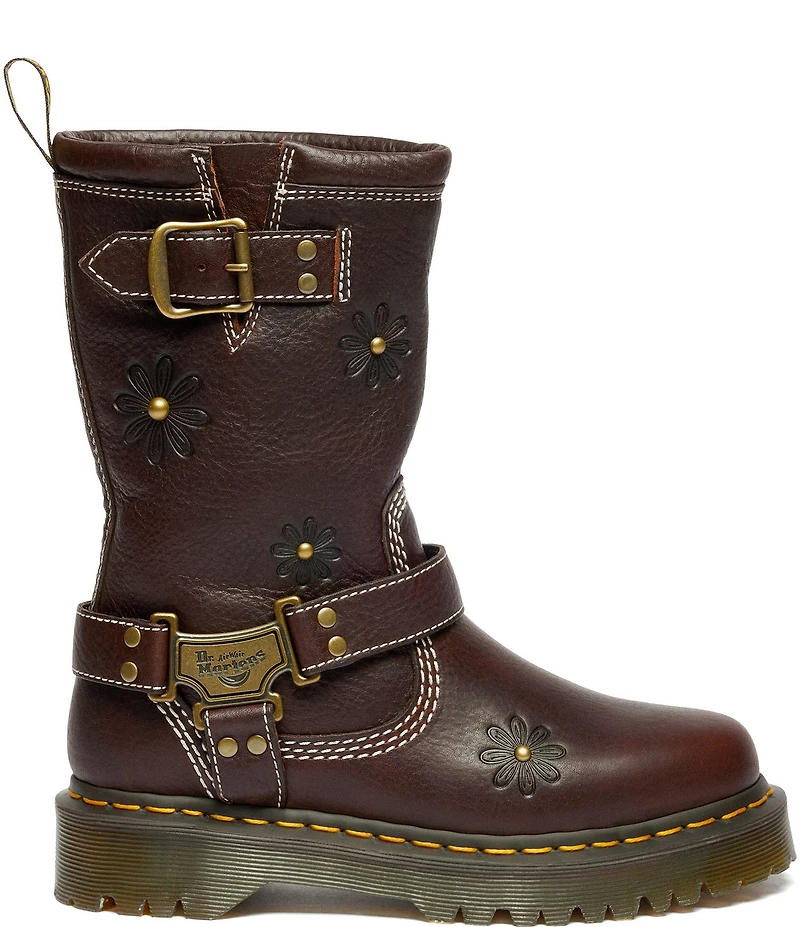 Dr. Martens Women's Anistone Hi Flower Biker Leather Mid Calf Boots