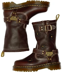 Dr. Martens Women's Anistone Hi Flower Biker Leather Mid Calf Boots