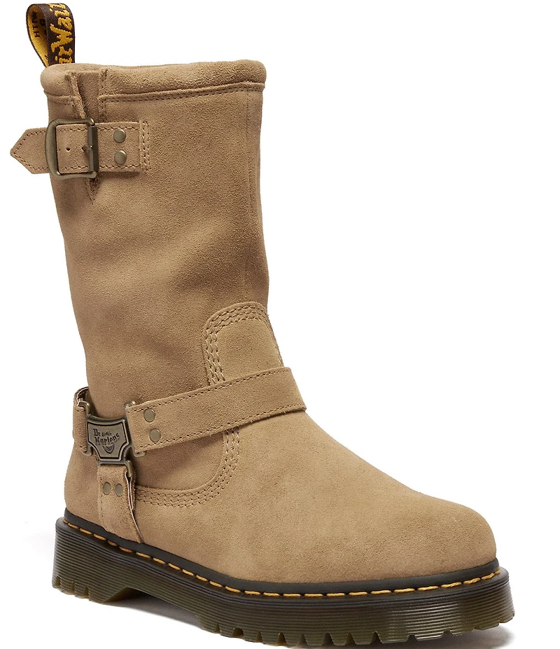 Dr. Martens Women's Anistone Hi Suede Biker Hardware Detail Mid Calf Boots