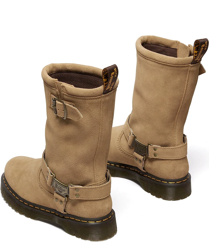 Dr. Martens Women's Anistone Hi Suede Biker Hardware Detail Mid Calf Boots