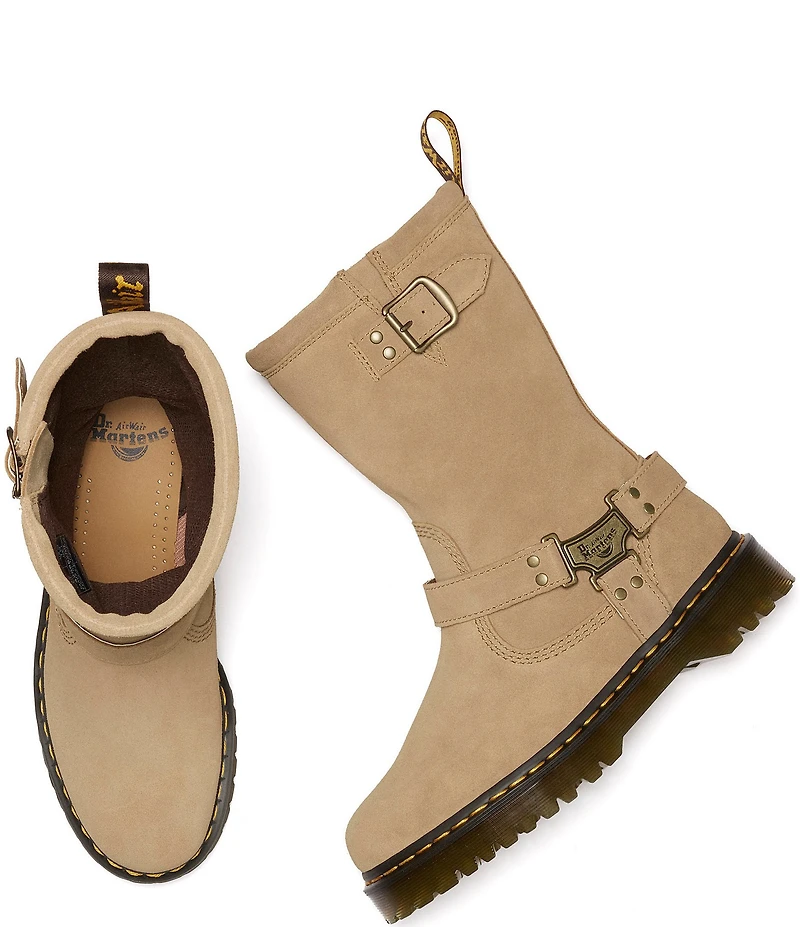 Dr. Martens Women's Anistone Hi Suede Biker Hardware Detail Mid Calf Boots