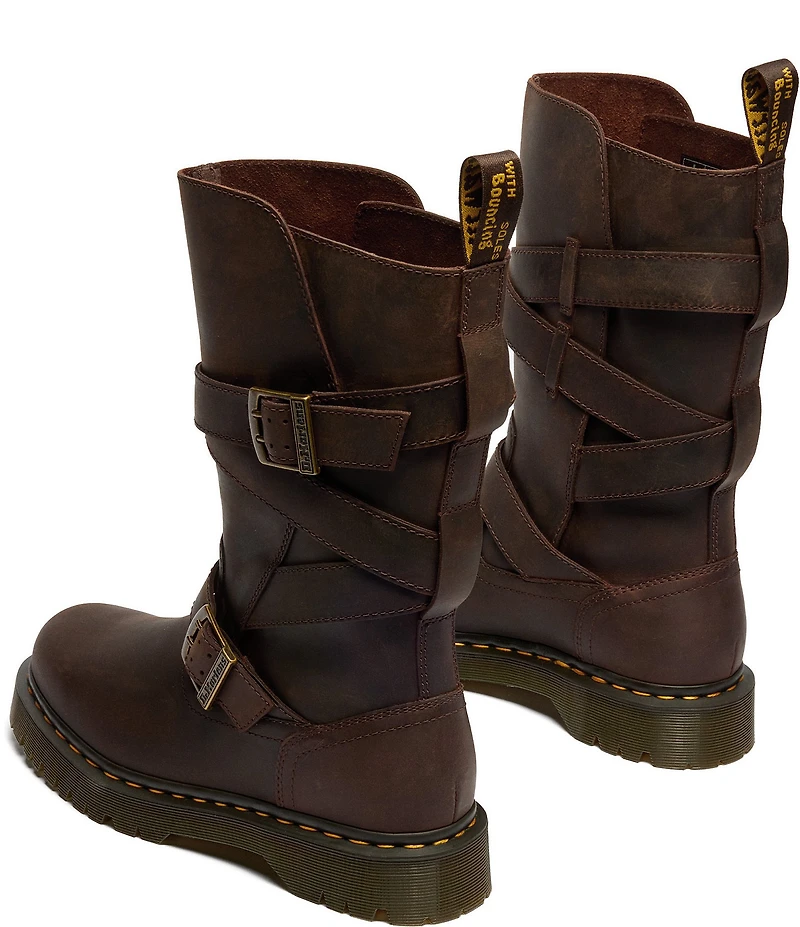 Dr. Martens Women's Anistone Strap Crazy Horse Leather Moto Boots