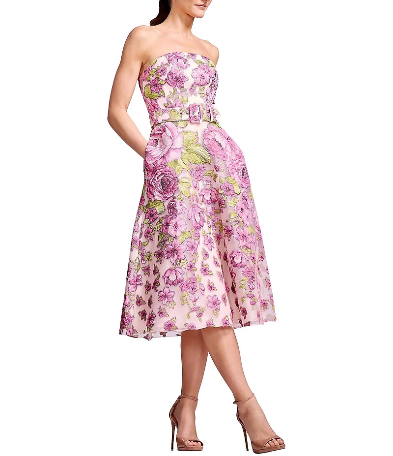 Dress the Population Allegra Metallic Jacquard Strapless Belted Midi Dress