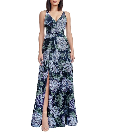 Dress the Population Alyssa V-Neck Sleeveless Floral Embroidered Sequin A-Line Gown