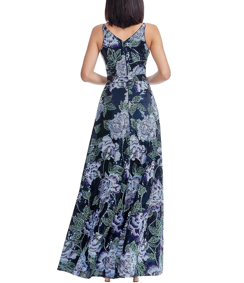 Dress the Population Alyssa V-Neck Sleeveless Floral Embroidered Sequin A-Line Gown