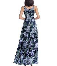 Dress the Population Alyssa V-Neck Sleeveless Floral Embroidered Sequin A-Line Gown