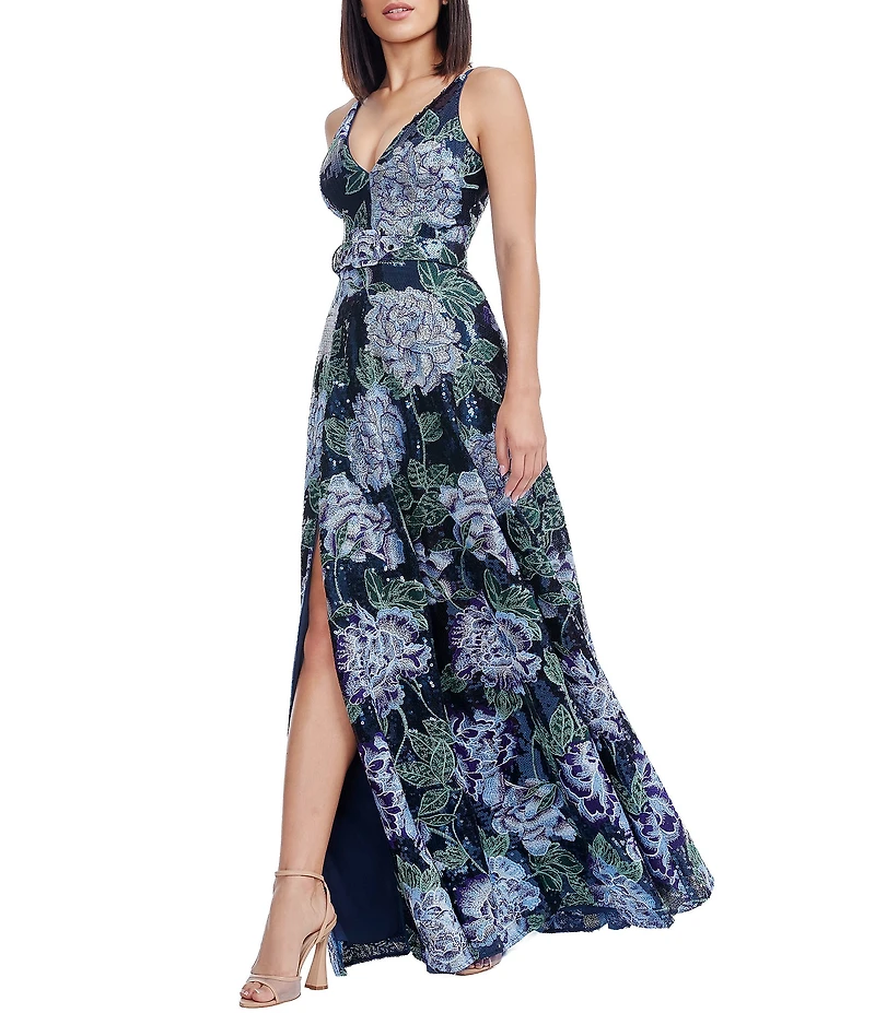 Dress the Population Alyssa V-Neck Sleeveless Floral Embroidered Sequin A-Line Gown