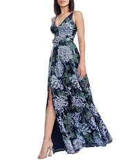 Dress the Population Alyssa V-Neck Sleeveless Floral Embroidered Sequin A-Line Gown