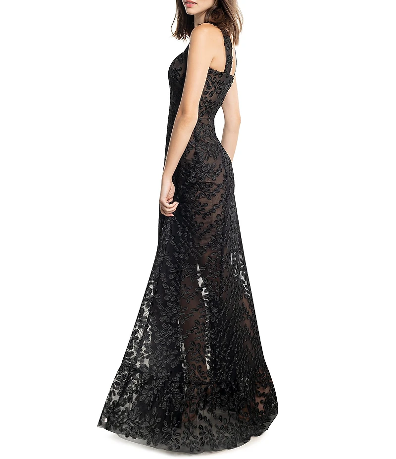 Dress the Population Anabel Sequin Embroidered Floral Sweetheart Neck Sheer Sleeveless A-Line Gown
