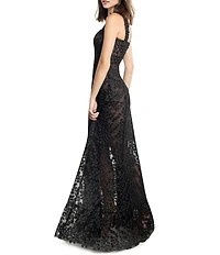 Dress the Population Anabel Sequin Embroidered Floral Sweetheart Neck Sheer Sleeveless A-Line Gown