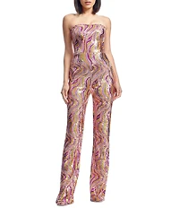 Dress the Population Andy Sequin Swirl Print Strapless Neck Sleeveless Straight Leg Jumpsuit