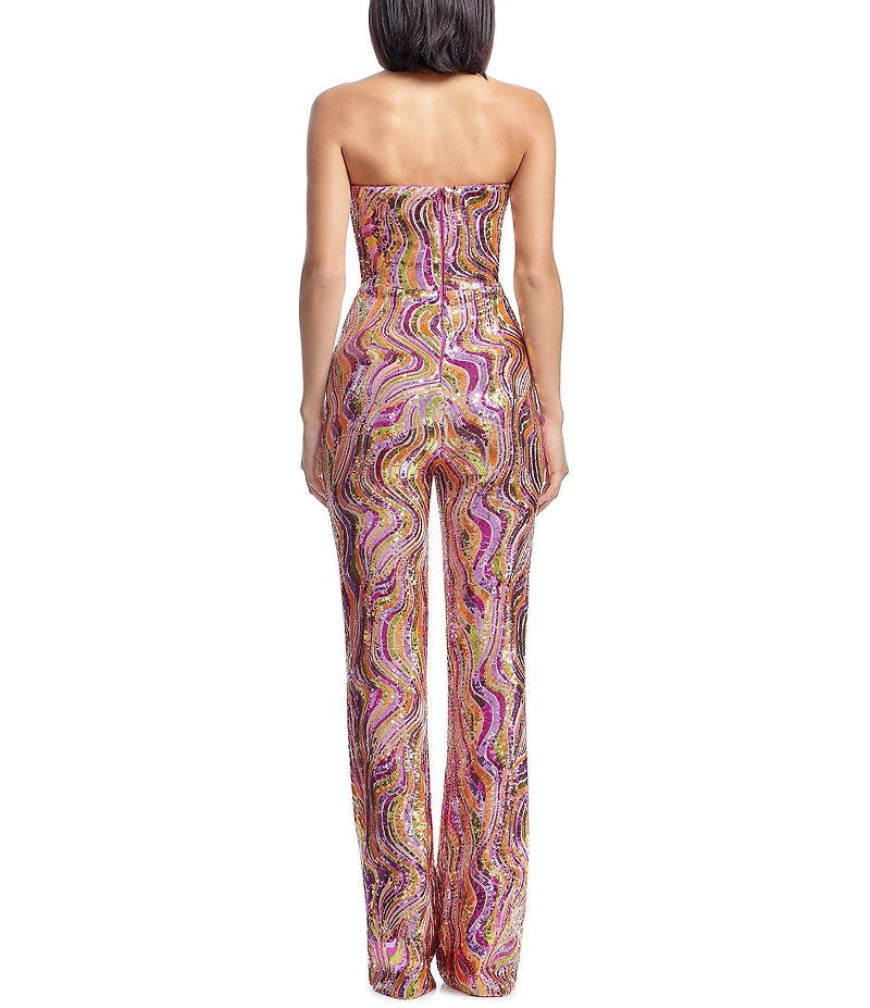 Dress the Population Andy Sequin Swirl Print Strapless Neck Sleeveless Straight Leg Jumpsuit