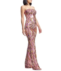 Dress the Population Andy Sequin Swirl Print Strapless Neck Sleeveless Straight Leg Jumpsuit