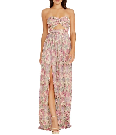 Dress the Population Angelique Sweetheart Strapless Cutout Floral Printed Metallic Chiffon Front Slit Sheath Gown