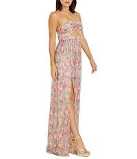 Dress the Population Angelique Sweetheart Strapless Cutout Floral Printed Metallic Chiffon Front Slit Sheath Gown
