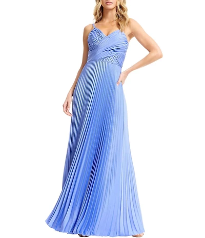 Dress the Population Aspen Sleeveless Asymmetrically Pleated Satin A-Line Maxi Dress