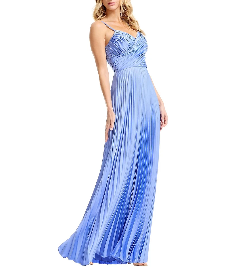 Dress the Population Aspen Sleeveless Asymmetrically Pleated Satin A-Line Maxi Dress
