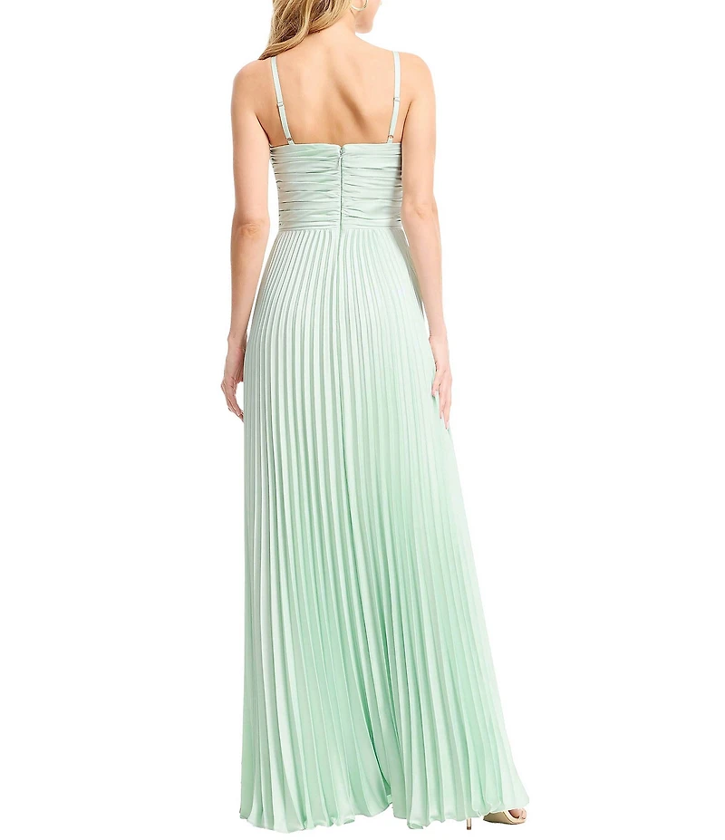 Dress the Population Aspen Sleeveless Asymmetrically Pleated Satin A-Line Maxi Dress