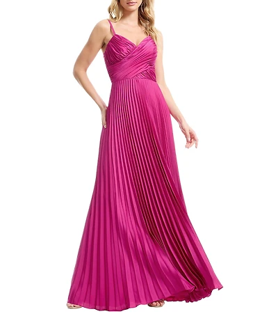 Dress the Population Aspen Sleeveless Asymmetrically Pleated Satin A-Line Maxi Dress