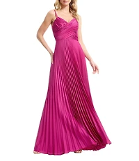 Dress the Population Aspen Sleeveless Asymmetrically Pleated Satin A-Line Maxi Dress