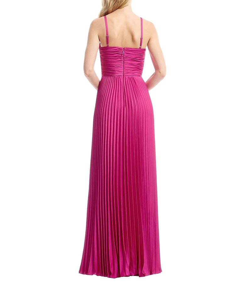 Dress the Population Aspen Sleeveless Asymmetrically Pleated Satin A-Line Maxi Dress