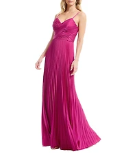 Dress the Population Aspen Sleeveless Asymmetrically Pleated Satin A-Line Maxi Dress
