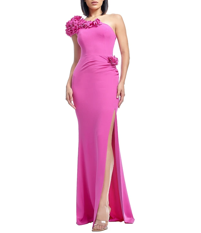 Dress the Population Aubrielle 3D Floral Asymmetrical Neck One Shoulder  Short Sleeve Side Slit Gown