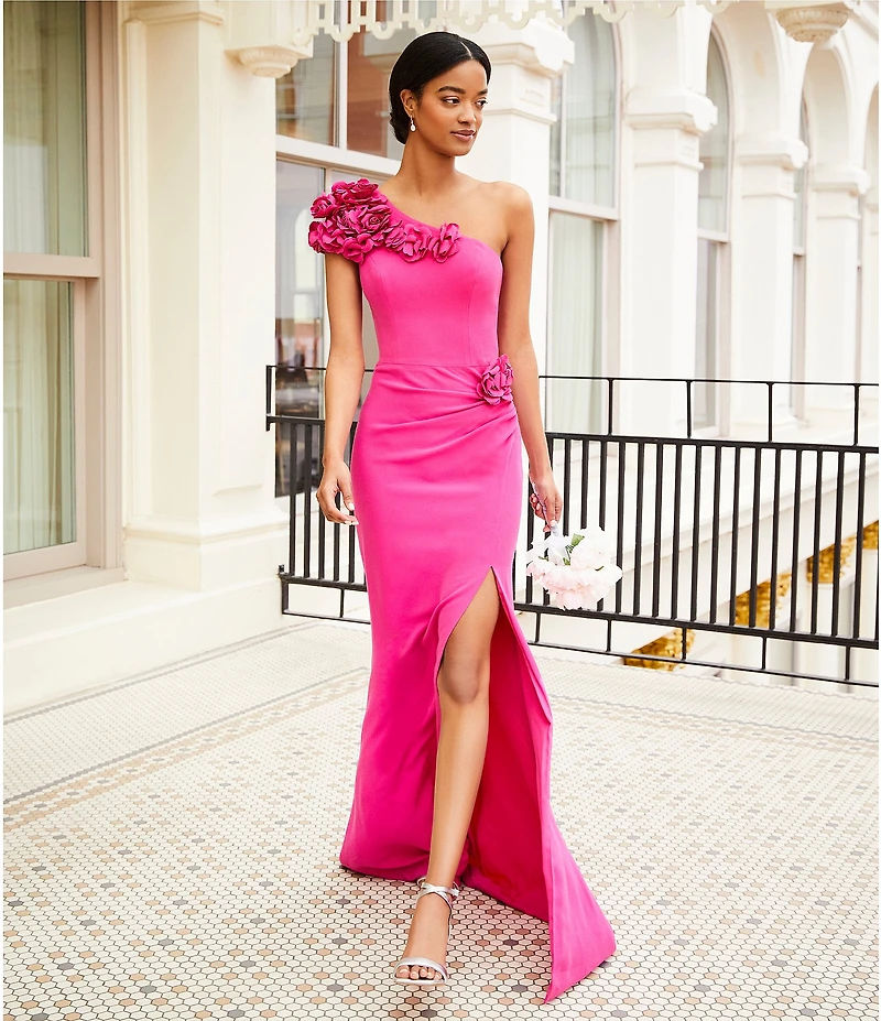 Dress the Population Aubrielle 3D Floral Asymmetrical Neck One Shoulder Short Sleeve Side Slit Gown