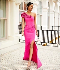 Dress the Population Aubrielle 3D Floral Asymmetrical Neck One Shoulder Short Sleeve Side Slit Gown