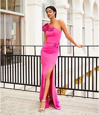 Dress the Population Aubrielle 3D Floral Asymmetrical Neck One Shoulder Short Sleeve Side Slit Gown