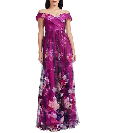 Dress the Population Aurea Off-The-Shoulder 3D Floral Applique Mesh A-Line Gown