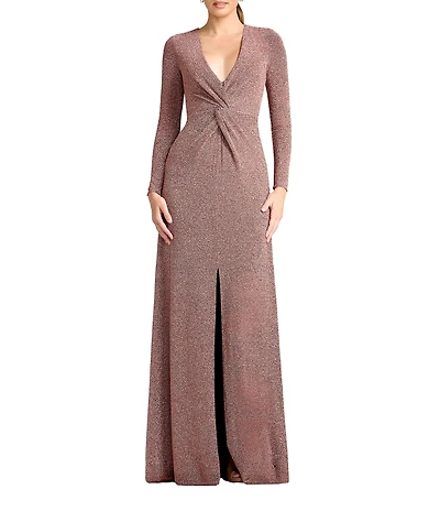 Dress the Population Aya Long Sleeve Plunge Neck Twist Front Maxi Dress