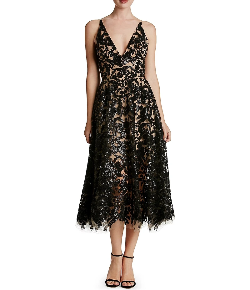 Dress the Population Blair Sequin Embroidered Mesh V-Neck Sleeveless A-Line Midi Dress