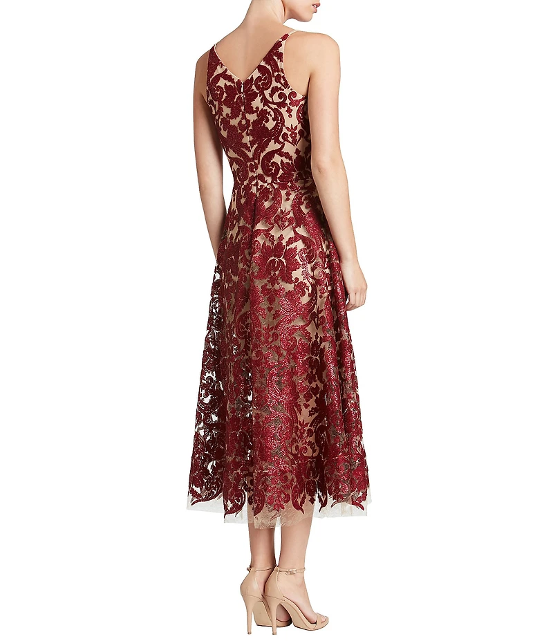 Dress the Population Blair Sequin Embroidered Mesh V-Neck Sleeveless A-Line Midi Dress