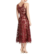 Dress the Population Blair Sequin Embroidered Mesh V-Neck Sleeveless A-Line Midi Dress