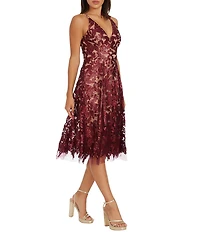 Dress the Population Blair Sequin Embroidered Mesh V-Neck Sleeveless A-Line Midi Dress