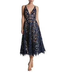 Dress the Population Blair Sequin Embroidered Mesh V-Neck Sleeveless A-Line Midi Dress